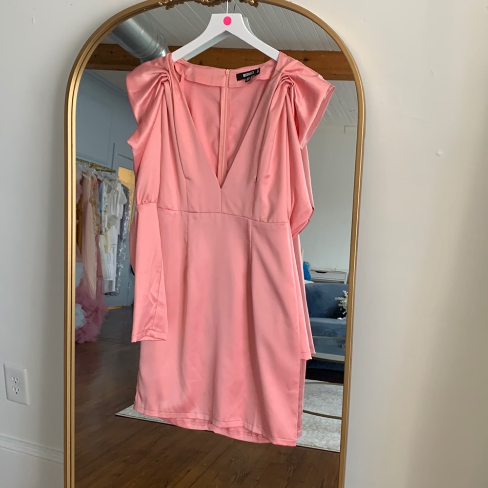 Misguided Pink Satin Mini Dress with Deep V and Puff Sleeves
